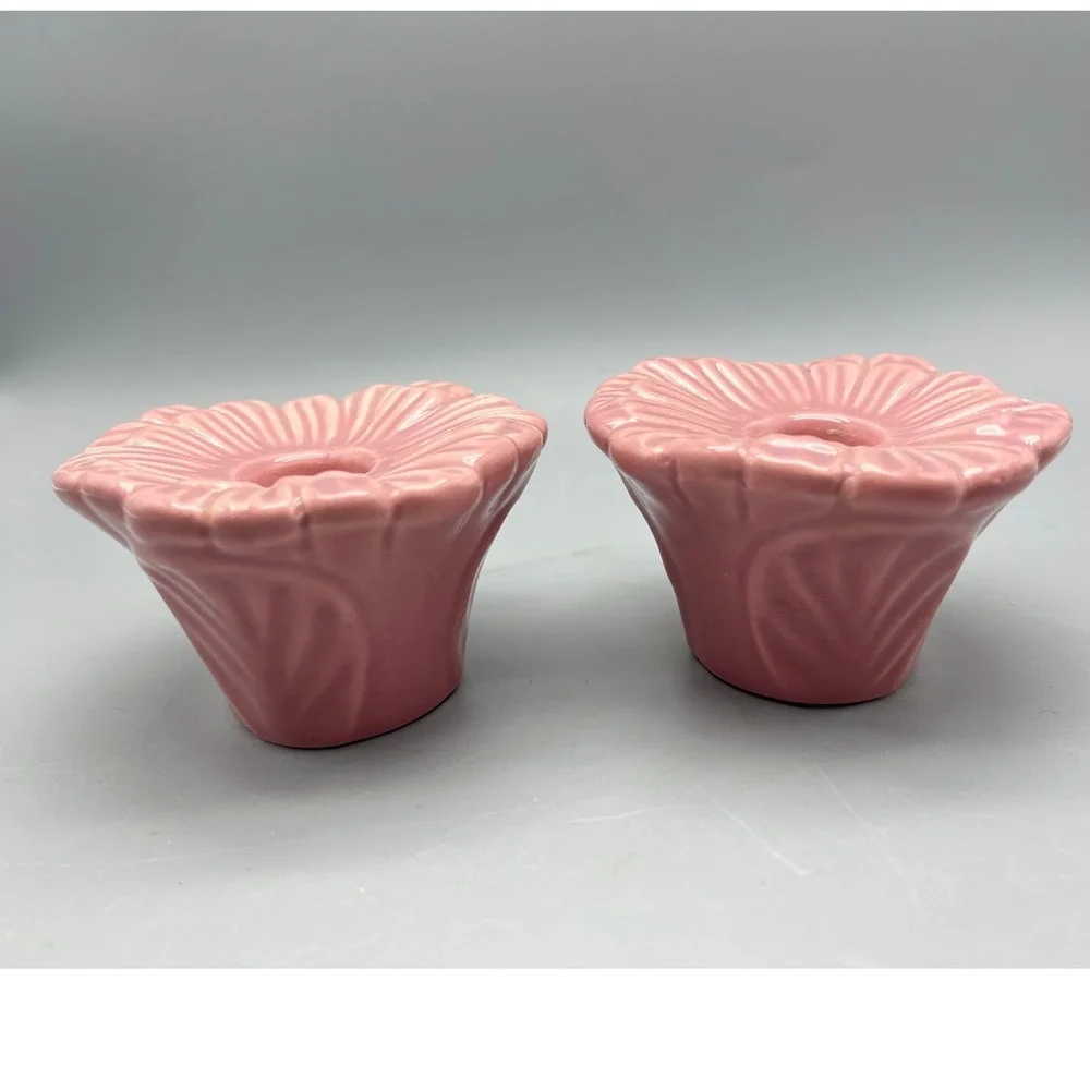 Pair Vintage Mid Century Pink Pottery Flower Candle stick holders‎